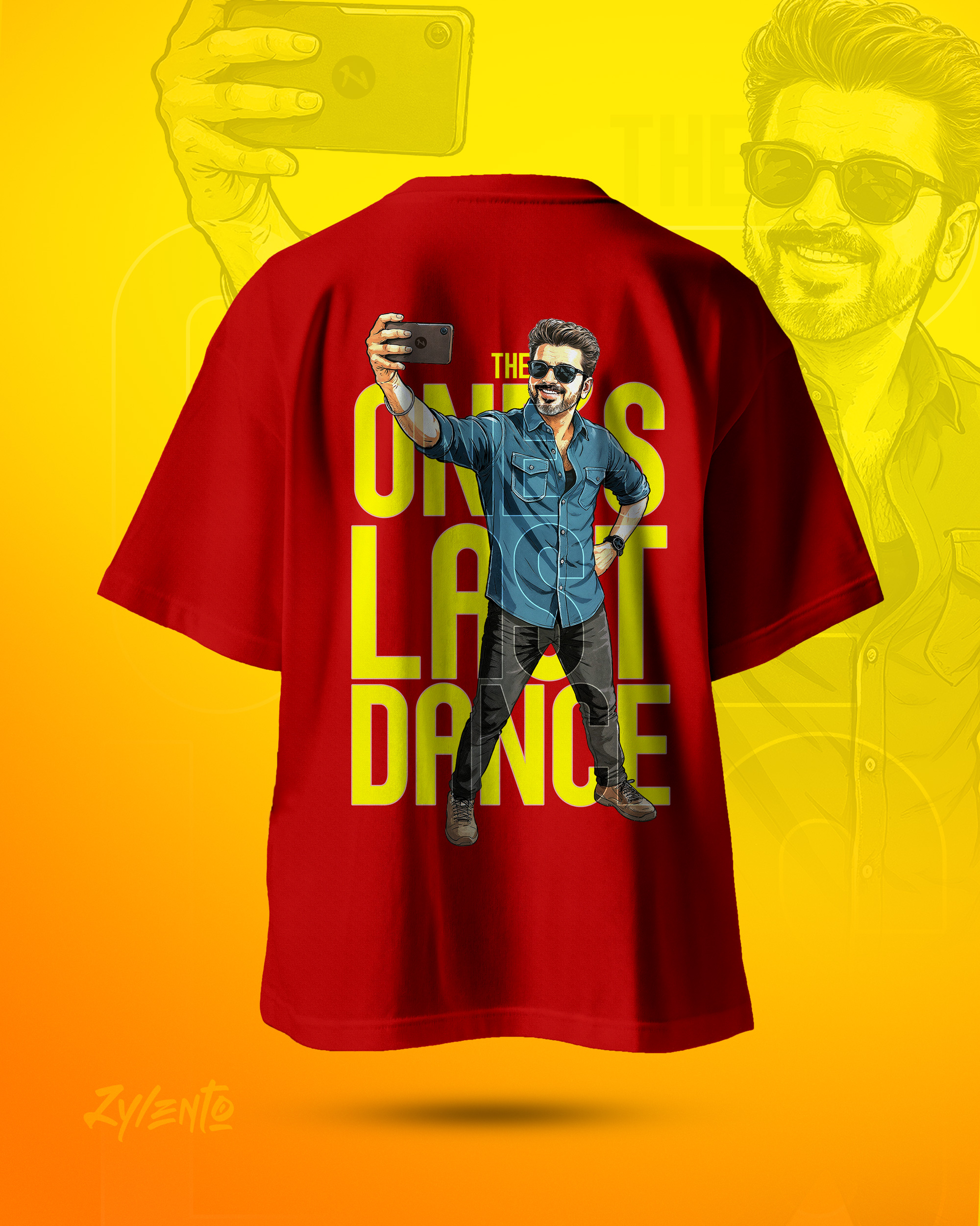 Back view of oversized red t-shirt with bold graphic, fan-made Vijay Thalapathy Jana Nayagan inspired streetwear design