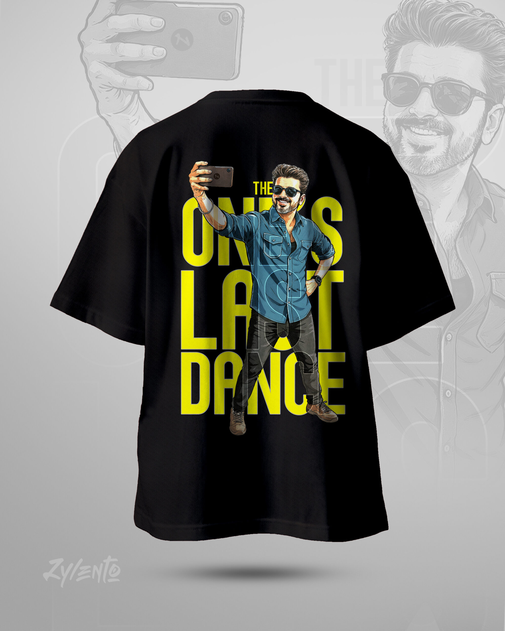 Back view of oversized black t-shirt with bold graphic, fan-made Vijay Thalapathy Jana Nayagan inspired streetwear design