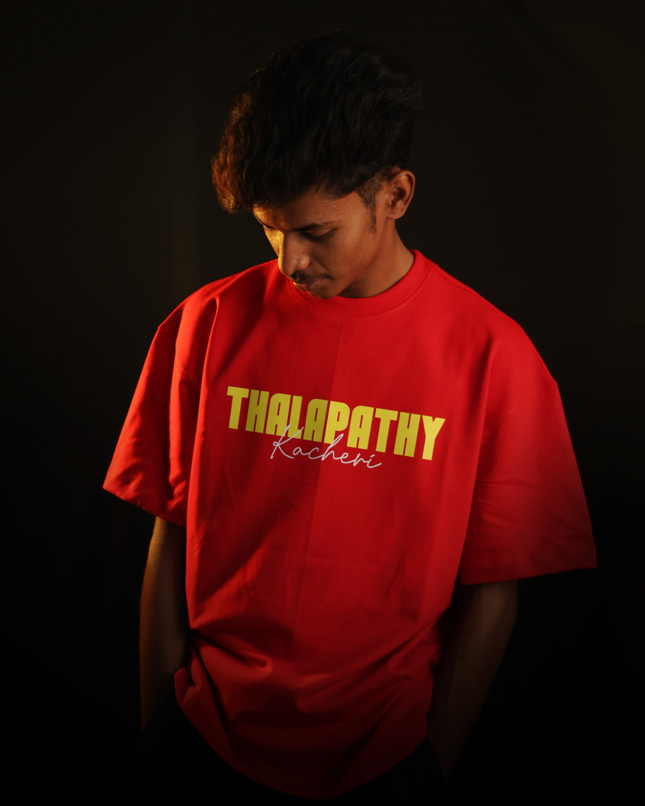 Oversized red t-shirt with original ‘One’s Last Dance’ text, fan-inspired leadership and cinematic Jana Nayagan vibe, unisex streetwear